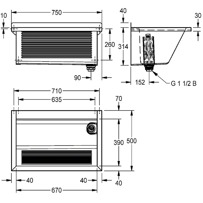 KWC Waschtisch KWC AR Waschtrog, SIRIUS, Edelstahl, 750x354x500 mm, Ablauf rechts - 36 x 82 cm, Ohne Überlauf, Chromnickelstahl - Technische Zeichnung eines rechteckigen Beckens mit Maßen und G 1 1/2 B Abflussanschluss.