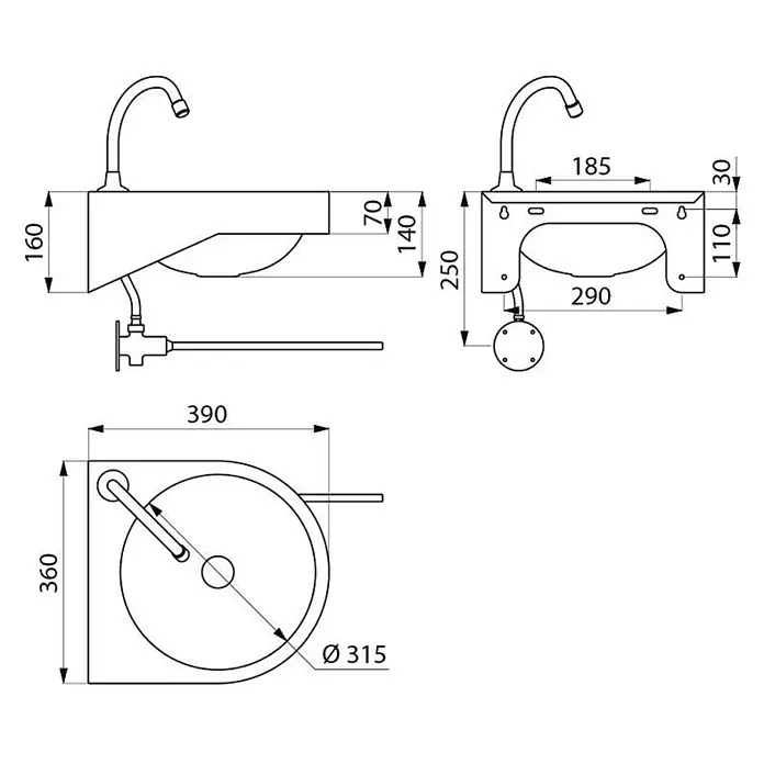 Delabie Waschtisch Delabie WT GENOU m. Kniebet. wandh. Hl. D 22 mm re Edst. 1.4301 sat - Ohne Überlauf - Wandwaschbecken mit integriertem Wasserhahn und technischen Abmessungen.
