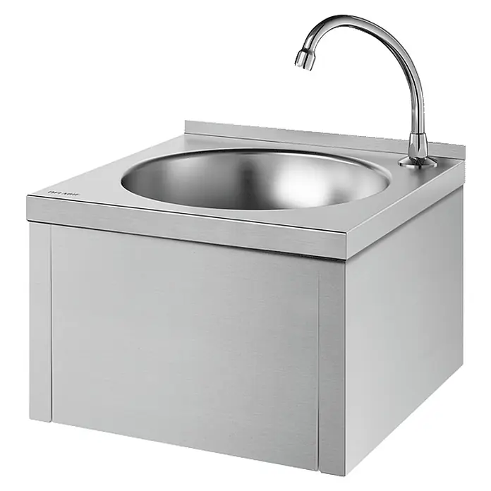 Delabie Waschtisch Delabie Waschtisch SXS kpl. mit Selbstschl.-Ventil Edst. 1.4301 sat. - Ohne Überlauf - Edelstahl-Handwaschbecken mit integriertem Becken und Wasserhahn.