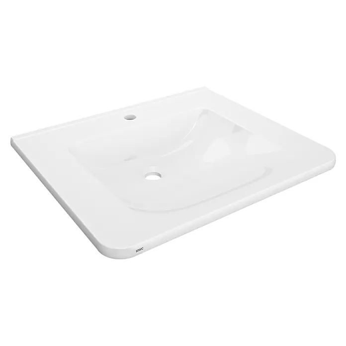 KWC Waschtisch KWC AR Einzelwaschtisch, MEDCARE, MIRANIT, 650x150x550 mm, weiß, Hahnloch - 18 x 74 cm, Hahnloch: Rechts, Ohne Überlauf, Alpinweiß - Weißes rechteckiges Keramik-Waschbecken mit integrierter Schale, Hahnloch und Abfluss.