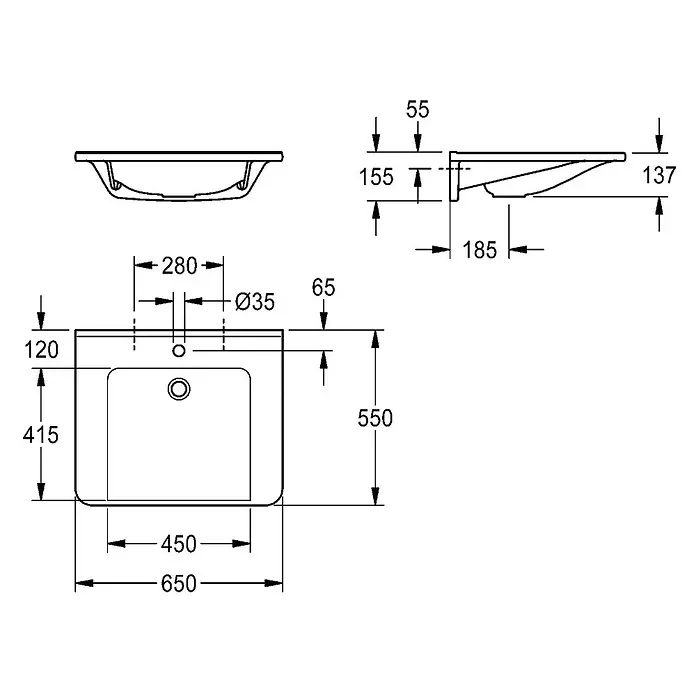 KWC Waschtisch KWC AR Einzelwaschtisch, MEDCARE, MIRANIT, 650x150x550 mm, weiß, Hahnloch - 18 x 74 cm, Hahnloch: Rechts, Ohne Überlauf, Alpinweiß - Technische Zeichnung eines weißen, rechteckigen Keramikwaschbeckens mit Ansichten und detaillierten Maßen.