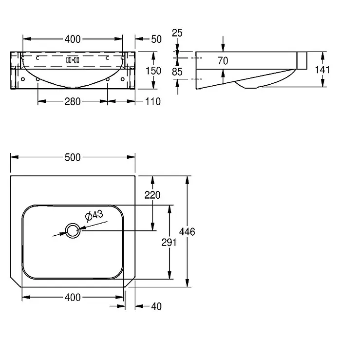 KWC Waschbecken KWC - B x L: 50 x 55 cm, Mit Überlauf, Chromnickelstahl - Technische Zeichnung eines rechteckigen Waschbeckens, 500x446mm, mit 43mm Abfluss, zeigt Vorder-, Draufsicht und Seitenansicht mit Maßen.