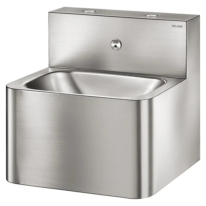 Delabie Waschtisch Delabie WT TEK TWW/TW wandh. m. integrierter Armatur Edst. 1.4301 sat - 40 x 60 cm, Ohne Überlauf - Wandmontiertes Handwaschbecken aus Edelstahl mit integriertem Sensorhahn.