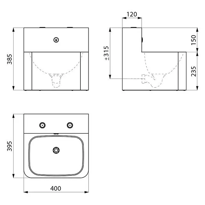 Delabie Waschtisch Delabie WT TEK TWW/TW wandh. m. integrierter Armatur Edst. 1.4301 sat - 40 x 60 cm, Ohne Überlauf - Technische Zeichnung eines kompakten Waschbeckens mit Vorder-, Seiten- und Draufsicht sowie Abmessungen.