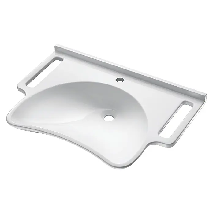 Delabie Waschbecken Delabie - Mit Überlauf, Weiß - Weißes barrierefreies Waschbecken mit konturierter Form, integrierten Griffen und Löchern für Armatur und Abfluss.