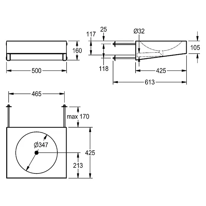 KWC Waschtisch - 35 x 35 cm, Hahnloch: Ohne, Ohne Überlauf, Chromnickelstahl - Technische Zeichnung eines kompakten, rechteckigen Waschbeckens mit Vorder-, Seiten- und Draufsicht und detaillierten Maßen für die Installation.