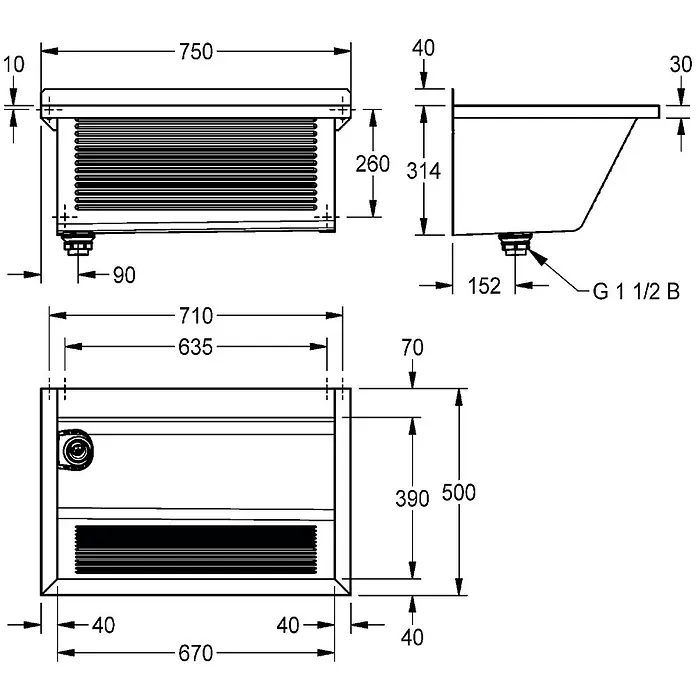 KWC Waschbecken KWC - B x L: 36 x 82 cm, Ohne Überlauf - Technische Zeichnung eines rechteckigen Spülbeckens mit Maßen, geriffelter Basis und G 1 1/2 B Ablaufanschluss.