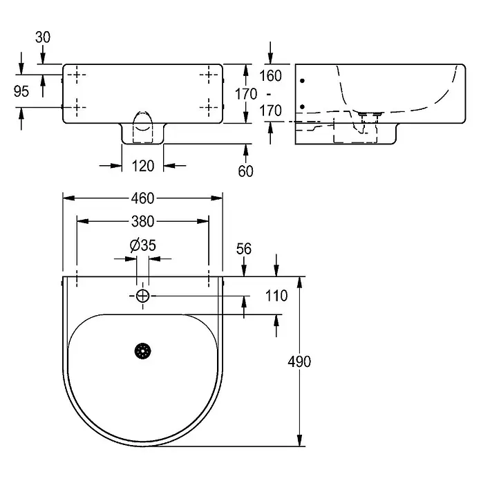 KWC Waschbecken KWC - B x L: 28 x 59 cm, Ohne Überlauf, Chromnickelstahl - Detaillierte technische Zeichnung eines rechteckigen Waschbeckens mit integriertem Becken, mit Draufsicht, Vorder- und Seitenansicht und Maßen.