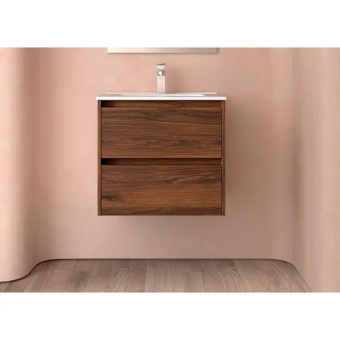 Salgar Badmöbel-Set Salgar - Gesamtbreite Badmöbel: 4,5 cm, Braun - Wandmontierter Waschtisch aus dunklem Holz mit weißem Waschbecken und zwei Schubladen.