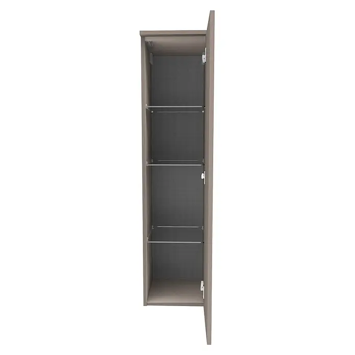 Camargue Vio Midischrank - B x T x H: 30,4 x 32,5 x 121,6 cm, Kaschmir, DIN Anschlag: Rechts - Offener beigefarbener Badschrank mit dunkelgrauem Innenraum, drei Klarglasböden und Innenbeleuchtung oben.