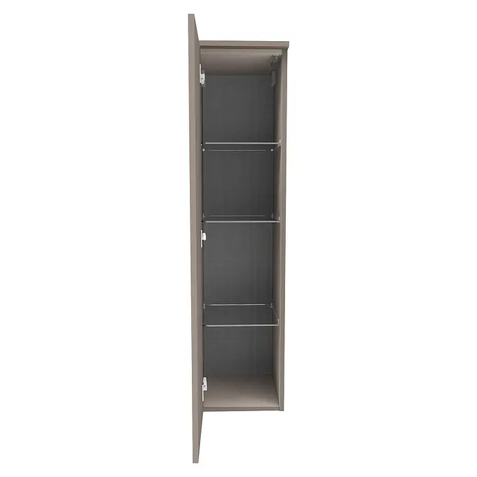 Camargue Vio Midischrank - B x T x H: 30,4 x 32,5 x 121,6 cm, Kaschmir, DIN Anschlag: Links - Offener beigefarbener Wandschrank mit dunkelgrauem Innenraum, Innenbeleuchtung und Glasböden.