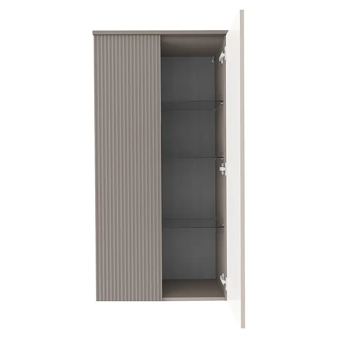 Camargue Vio Badmöbel-Set - Gesamtbreite Badmöbel: 100,6 cm, Kaschmir, Matt, DIN Anschlag: Links, Hahnloch: Mitte - Offener Hängeschrank mit geriffelter Schiebetür, Flügeltür und drei Glasablagen.