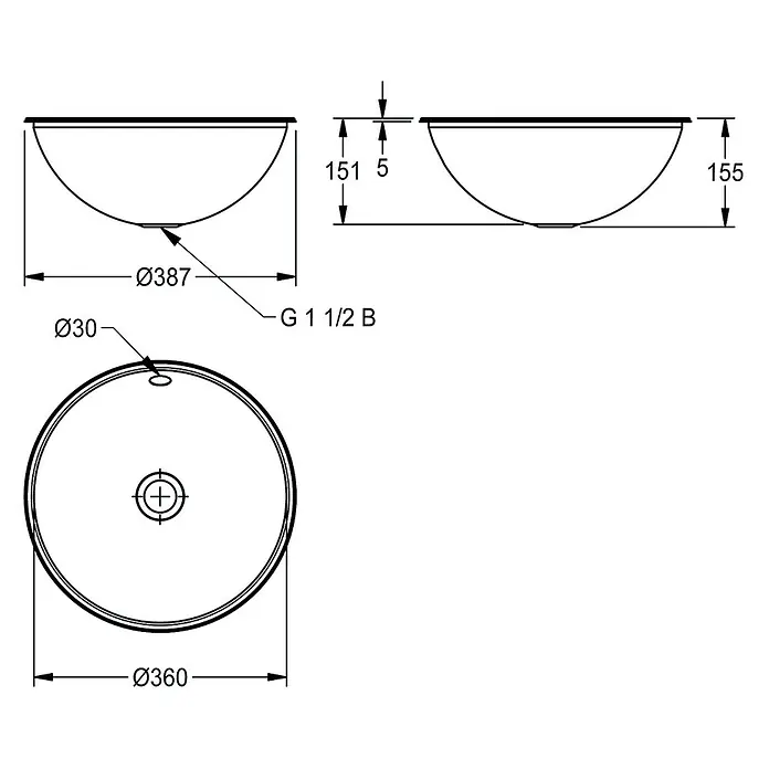 KWC Waschbecken KWC - B x L: 19,3 x 47,5 cm - Technischer Zeichnung eines runden Aufsatzwaschbeckens mit 387 mm Durchmesser und 155 mm Höhe, ausgestattet mit einem G 1 1/2 B Abfluss.
