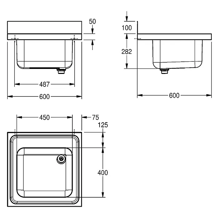 KWC Einbauspüle MAXIMA - 61 x 61 cm - Technische Zeichnungen eines rechteckigen Waschbeckens mit detaillierten Maßen für die Installation.