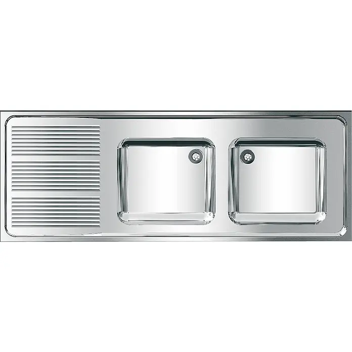 KWC Einbauspüle KWC AR Gewerbespüle, MAXIMA - 61 x 61 cm - Polierte Edelstahl-Doppelspüle mit Rillen-Abtropffläche.