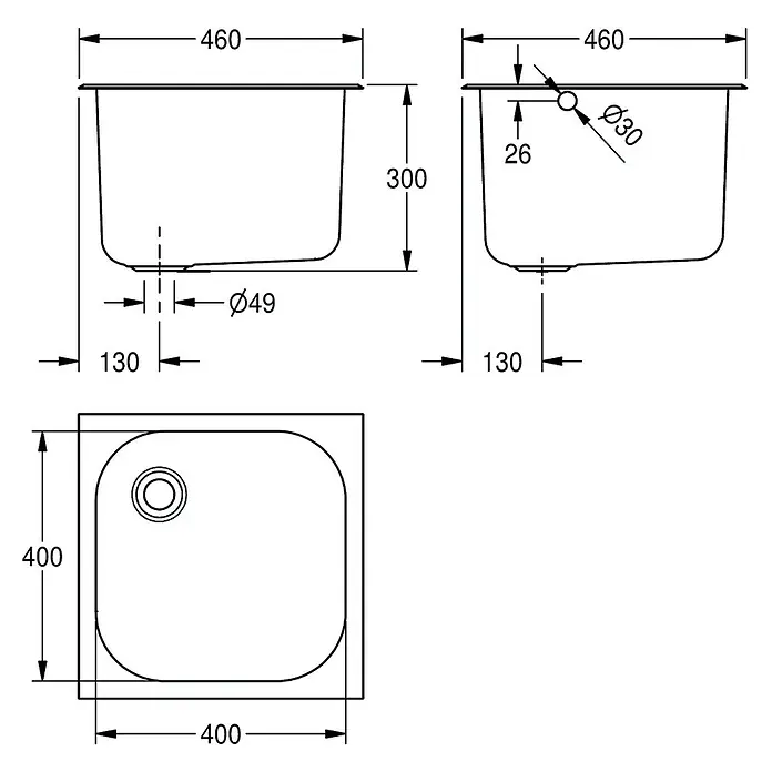 KWC Einbauspüle KWC AR Einlegebecken, SIRIUS, Edelstahl, 460x300x460 mm, Überlauf - 54 x 30 cm - Technische Zeichnung einer Einzelbecken-Küchenspüle mit Maßen: 460x400x300mm, mit Ø49mm Abfluss und Ø30mm Überlauf.