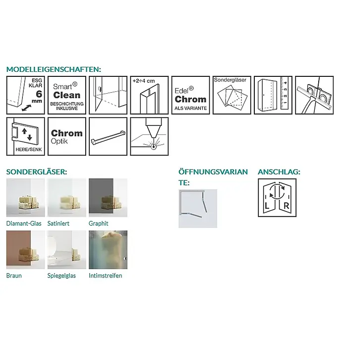 Puk Dusch-Diagonaleinstieg Puk Blies Eckeinstieg / Festteil 1000 / Anschlag links - Chrom, 8 mm - Duschkabinen-Merkmale: 6mm Klarglas, Smart® Clean Beschichtung, Chrom-Oberflächen, Hebe-/Senk-Mechanismus, verstellbare Profile, verschiedene Glasarten, Eck-Einstieg, beidseitiger Anschlag.