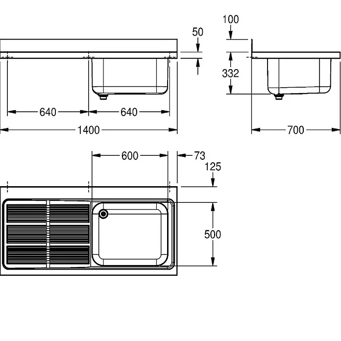 KWC Einbauspüle KWC AR Gewerbespüle, MAXIMA - 71 x 71 cm - Technische Zeichnung einer Küchenspüle mit Abtropffläche, inklusive Maße und Ansichten.