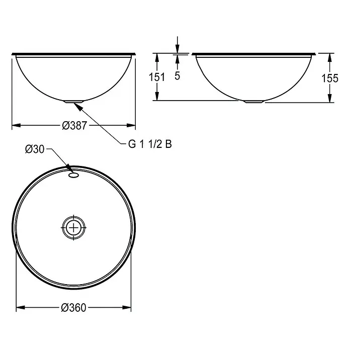KWC Einbauspüle - 47,5 x 19,3 cm - Technische Zeichnung eines runden Waschbeckens mit Maßen und G 1 1/2 B Abflussanschluss, von oben und der Seite gezeigt.