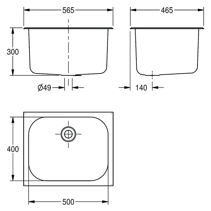 KWC Einbauspüle KWC AR Einlegebecken, SIRIUS, Edelstahl, 565x300x465 mm, Überlauf - 59 x 33,29 cm - Technische Zeichnung einer rechteckigen Spüle mit abgerundeten Ecken, zeigt Vorder-, Seiten- und Draufsicht mit Maßen.