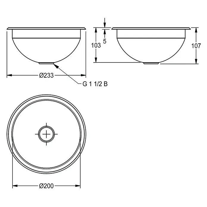 KWC Einbauspüle RONDO - 21,3 x 35,29 cm - Technische Zeichnung: Rundes Spülbecken mit Maßen und G 1 1/2 B Ablauf.