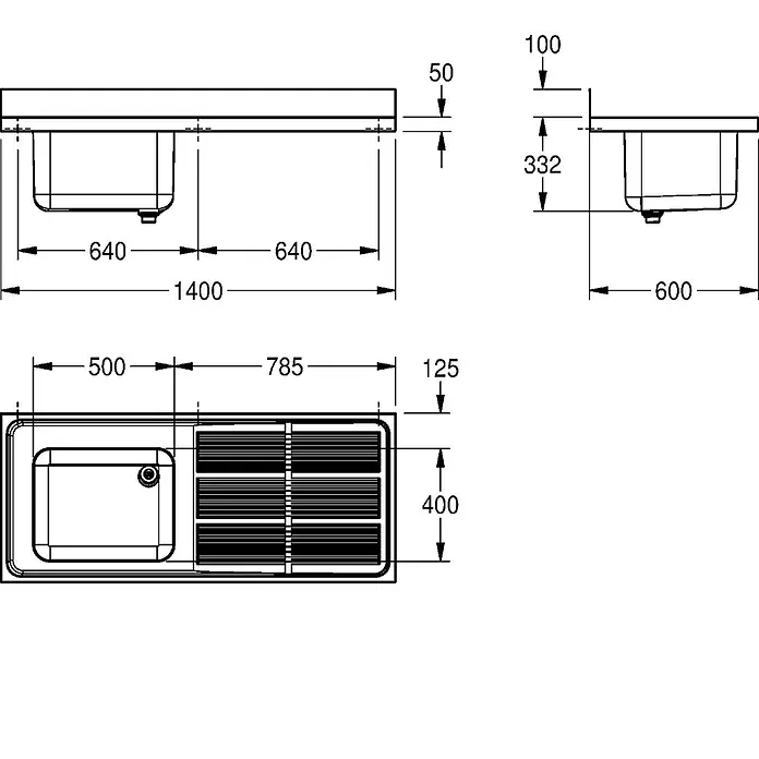 KWC Einbauspüle KWC AR Gewerbespüle, MAXIMA, Edelstahl, 1400x432x600 mm, Tropfteil rechts - 61 x 61 cm - Technische Zeichnung einer rechteckigen Küchenspüle mit integriertem Abtropffeld, zeigt Maße und Ansichten für die Installation.
