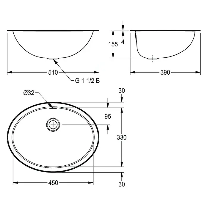 KWC Einbauspüle - 47,5 x 19,3 cm - Technische Zeichnung: ovales Waschbecken, 510x390x155mm, mit G 1 1/2 B Ablauf und Ø32mm Überlauf.