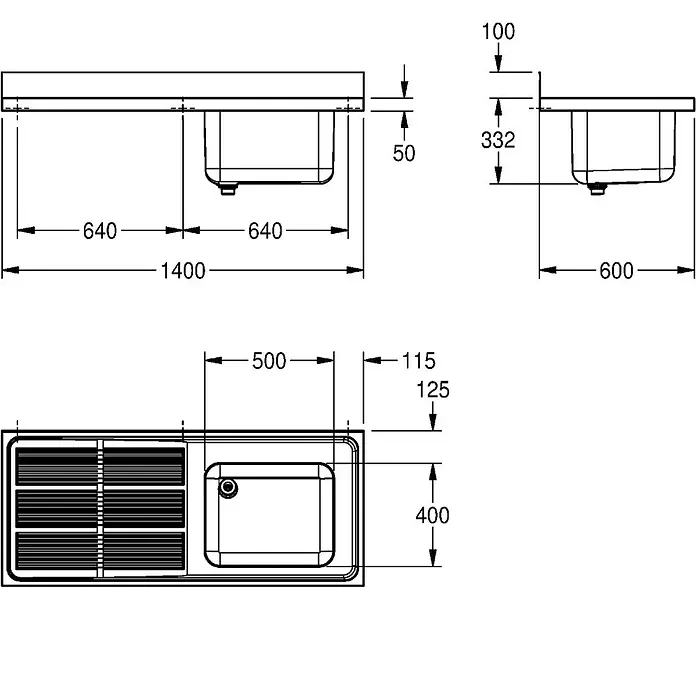 KWC Einbauspüle KWC AR Gewerbespüle, MAXIMA, Edelstahl, 1400x432x600 mm, Tropfteil links - 61 x 61 cm - Technische Zeichnung einer Küchenspüle mit integriertem Abtropfbereich, detailliert mit Gesamt- und Komponentenmaßen.
