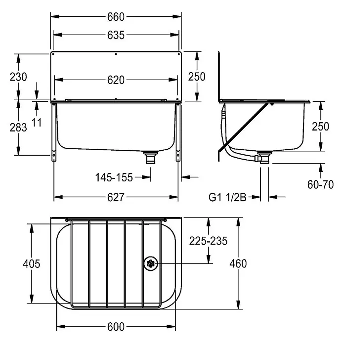 KWC Einbauspüle - 69 x 36 cm - Technische Zeichnung einer rechteckigen Spüle mit Vorder-, Seiten- und Draufsichten, die ihre Abmessungen zeigen.