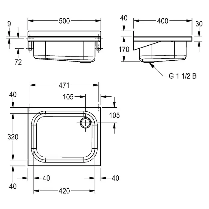 KWC Waschbecken KWC -  - Technische Zeichnung einer rechteckigen Spüle, 500x400mm, 170mm tief, mit G 1 1/2 B Ablauf.