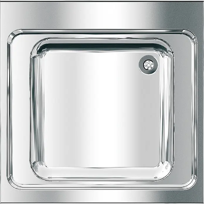 KWC Einbauspüle KWC AR Gewerbespüle, MAXIMA, Edelstahl, 700x432x700 mm - 71 x 71 cm - Rechteckige, metallisch-silberne Duschwanne mit kreisförmigem Ablauf oben rechts.