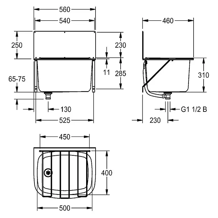 KWC Einbauspüle - 69 x 36 cm - Technische Zeichnung eines rechteckigen Spülbeckens mit verschiedenen Abmessungen und Sanitäranschlussdetails, Ansichten von oben, vorne, Seite.