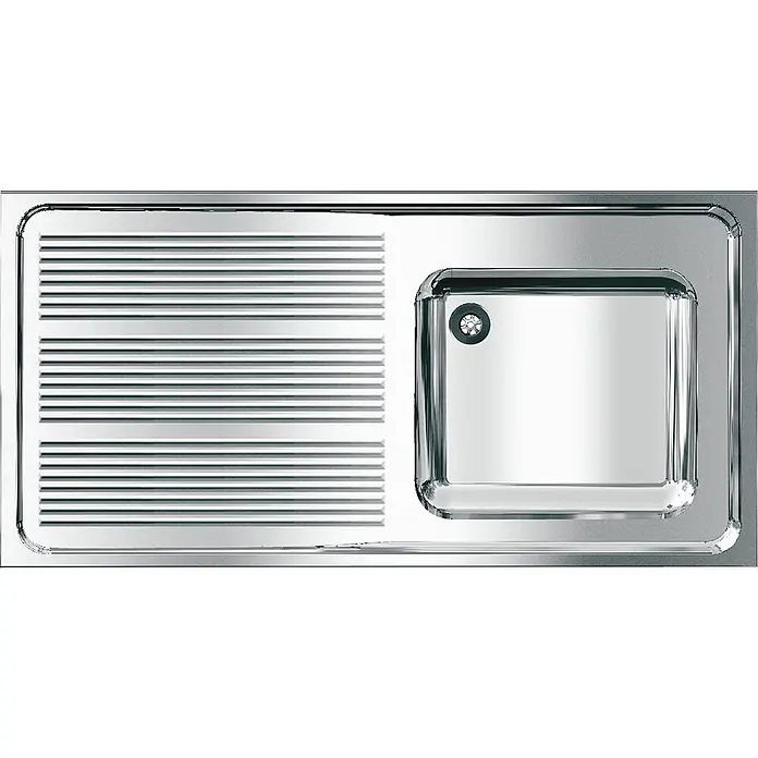 KWC Einbauspüle KWC AR Gewerbespüle, MAXIMA, Edelstahl, 1200x382x600 mm, Tropfteil links - 121 x 61 cm - Küchenspüle aus Edelstahl mit geriffelter Abtropffläche und einem rechteckigen Becken mit rundem Abfluss.