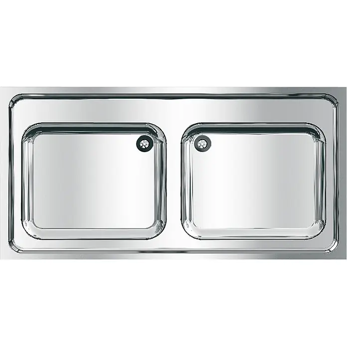 KWC Einbauspüle KWC AR Gewerbespüle, MAXIMA, Edelstahl, 2 Becken, 1200x432x600 mm - 121 x 61 cm - Glänzendes, metallisches Doppelspülbecken mit abgerundeten rechteckigen Becken und sternförmigen Abflusssieben.