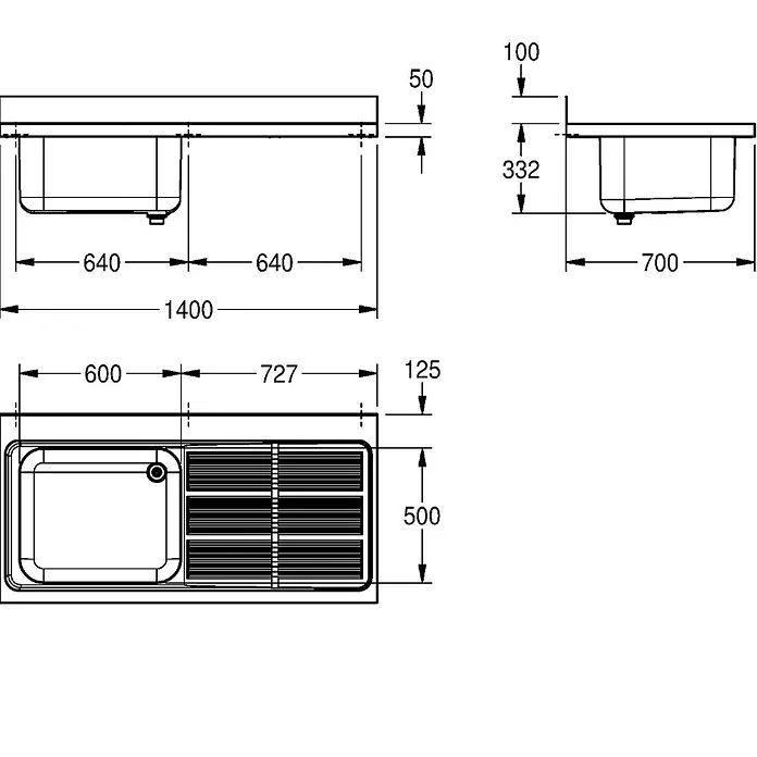 KWC Einbauspüle KWC AR Gewerbespüle, MAXIMA, Edelstahl, 1400x432x700 mm, Tropfteil rechts - 71 x 71 cm - Technische Zeichnung einer Küchenspüle mit Einzelbecken und integriertem Abtropfbereich, inklusive Maße.