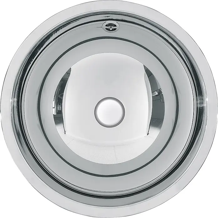 KWC Einbauspüle KWC AR Rundbecken, RONDO, Edelstahl, 426x160 mm, Überlauf, seidenmatt - 46 x 46 cm - Runde Spüle aus poliertem Chrom mit mittiger Ablassöffnung und reflektierender Oberfläche.