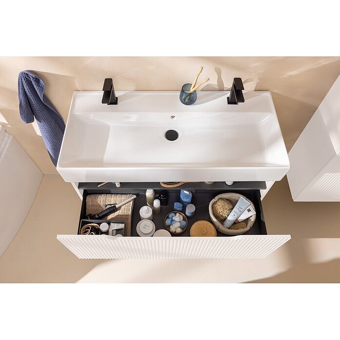 Camargue Vio Badmöbel-Set (Gesamtbreite Badmöbel: 100,6 cm, Weiß, Matt, Inklusive Kunststoffschale und 2 Hahnlöcher) | BAUHAUS