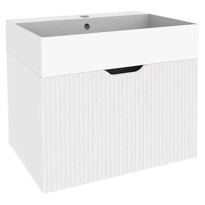 Camargue Vio Badmöbel-Set - Gesamtbreite Badmöbel: 61,5 cm, Weiß, Matt - Weißer Badezimmerschrank mit integriertem Waschbecken, geriffelter Front und Griffmulde.