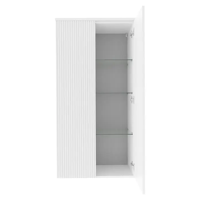 Camargue Vio Badmöbel-Set - Gesamtbreite Badmöbel: 100,6 cm, Weiß, Matt, DIN Anschlag: Rechts - Weißer Schrank mit gerippter, halb offener Tür und drei Glasböden.