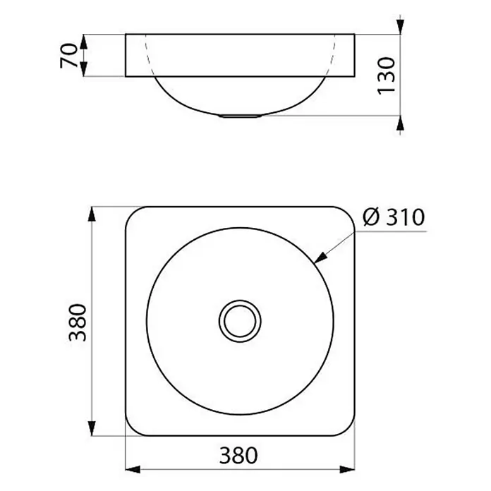 Delabie Waschbecken Delabie - Hahnloch: Mitte, Mit Überlauf, Edelstahl - Quadratisches Aufsatzwaschbecken, 380x380 mm, mit abgerundeten Ecken, 310 mm kreisförmiger Schale und 130 mm Gesamthöhe.
