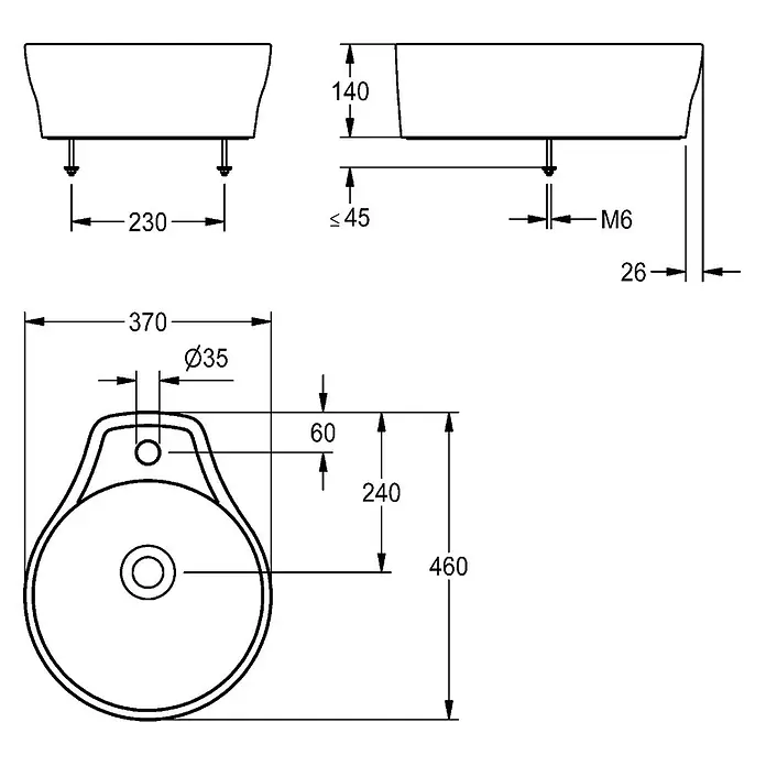 KWC Waschbecken KWC - B x L: 17,5 x 46 cm, Ohne Überlauf, Alpinweiß - Technische Zeichnung eines Waschbeckens mit Draufsicht, Vorderansicht und Seitenansicht sowie allen wichtigen Installationsmaßen.