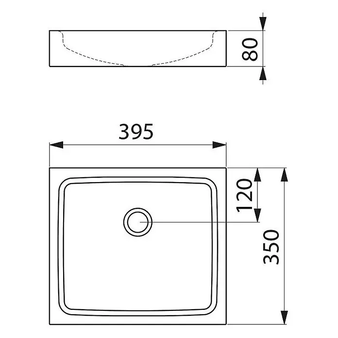 Delabie Waschbecken Delabie - B x L: 39,6 x 29,6 cm, Hahnloch: Ohne, Ohne Überlauf, Schwarz Matt - Technische Zeichnung eines rechteckigen Spülbeckens mit Draufsicht und Seitenansicht inklusive Maßen.