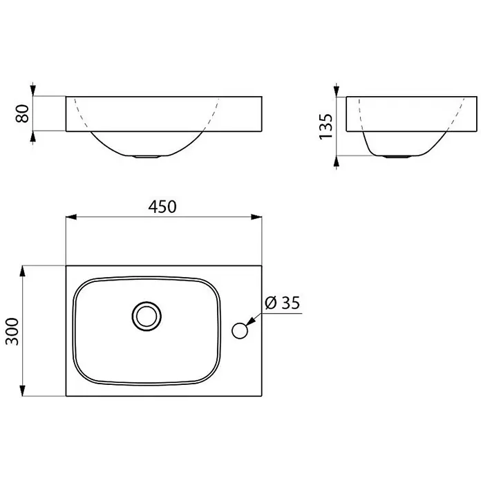 Delabie Aufsatzwaschbecken 121370 - Hahnloch: Rechts, Ohne Überlauf - Technische Zeichnung eines rechteckigen Unterbauspülbeckens, 450x300mm, 135mm tief, mit Ø35mm Hahnloch.