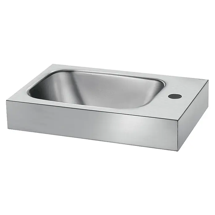 Delabie Aufsatzwaschbecken 121370 - Hahnloch: Rechts, Ohne Überlauf - Rechteckiges Edelstahl-Waschbecken mit gebürsteter Oberfläche und integriertem Hahnloch rechts.