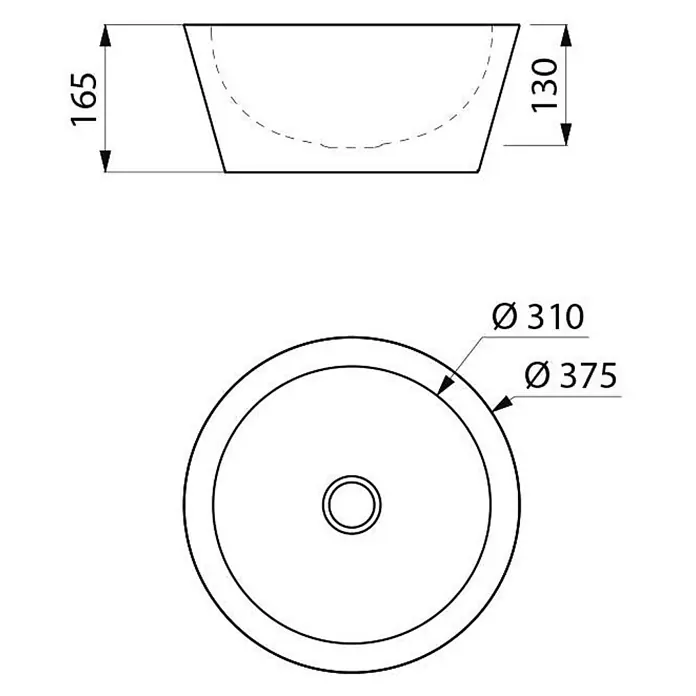 Delabie Aufsatzwaschbecken Delabie - 40,5 x 40,5 cm, Hahnloch: Ohne, Schwarz Matt - Technische Zeichnung eines runden Waschbeckens, 165mm hoch, 375mm Außendurchmesser, 130mm Beckentiefe.