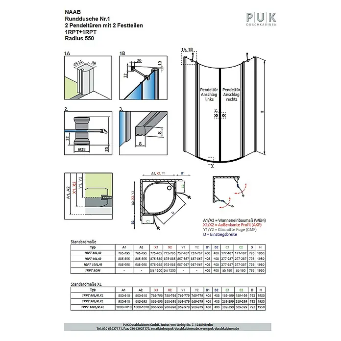 Puk Runddusche PUK - Chromoptik - Technische Zeichnung einer Runddusche mit zwei Glas-Pendeltüren und Metallprofilen, zeigt Maße und Komponentendetails.