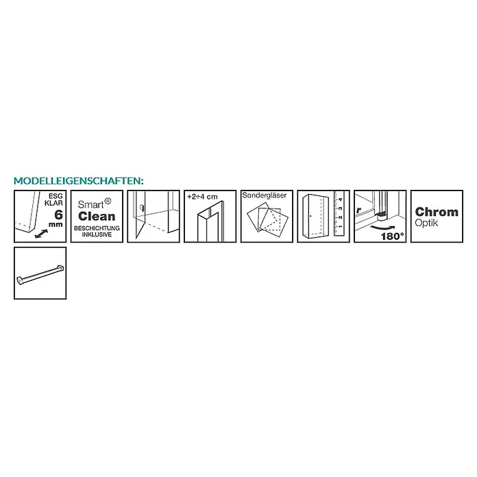 Puk Runddusche PUK - Chromoptik - Produkteigenschaften: 6mm Sicherheitsglas, Smart Clean Beschichtung, verstellbar, 180° schwenkbar, Chrom-Optik, Sondergläser, Griff.