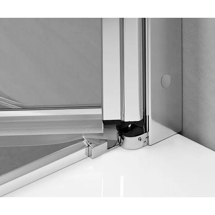 Puk Runddusche PUK - Chromoptik - Detailaufnahme der unteren Dichtung und Scharniere einer Duschkabine, glänzendes Chrom-Finish.