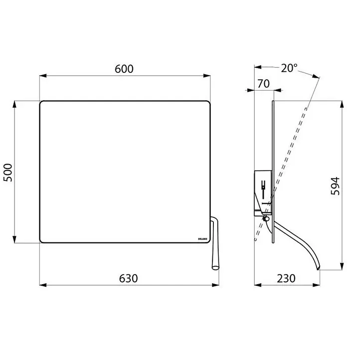 Delabie Klappspiegel Delabie Kippspiegel m. Hebel 600x500 mm Nylon weiß - 57,5 x 10,5 cm - Technische Zeichnung eines rechteckigen Plattenheizkörpers mit Maßen. Vorder- und Seitenansicht zeigen 600x500mm Größe und 20 Grad Neigung.