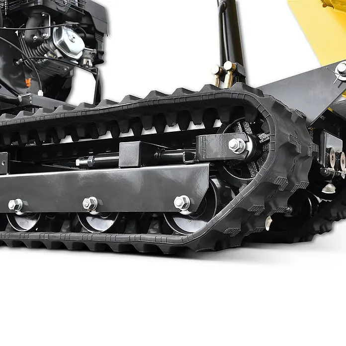 Bamato Kettendumper MTR-500PRO mit Kipphydraulik - Motorbetrieben, Fassungsvermögen: 215 l, Traglast: 500 kg - Schwarzes Gummi-Kettenlaufwerk mit Metallfahrgestell und Antriebsrädern.